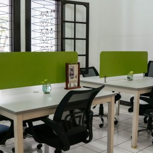 Home Neat and modern co-working office space featuring green dividers and ergonomic chairs.