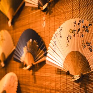 Home A display of traditional Japanese paper fans with intricate designs mounted on a bamboo wall.